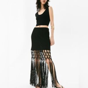 H&M crochet look black FRINGE midi skirt black size XS